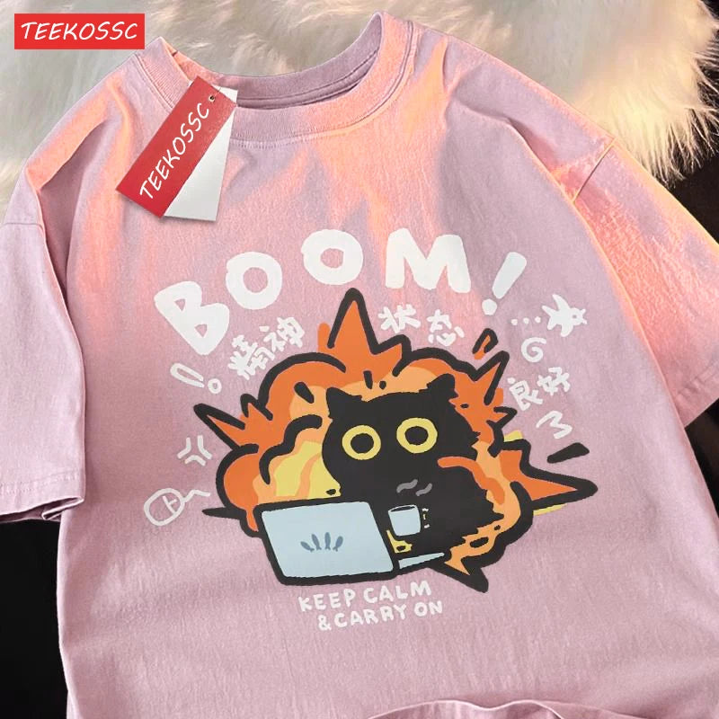 Good Mental State Pure Cotton Short Sleeved t-shirt For Men Women 2024 Summer New Tee Clothes Loose Casual Cartoon Oversized Top