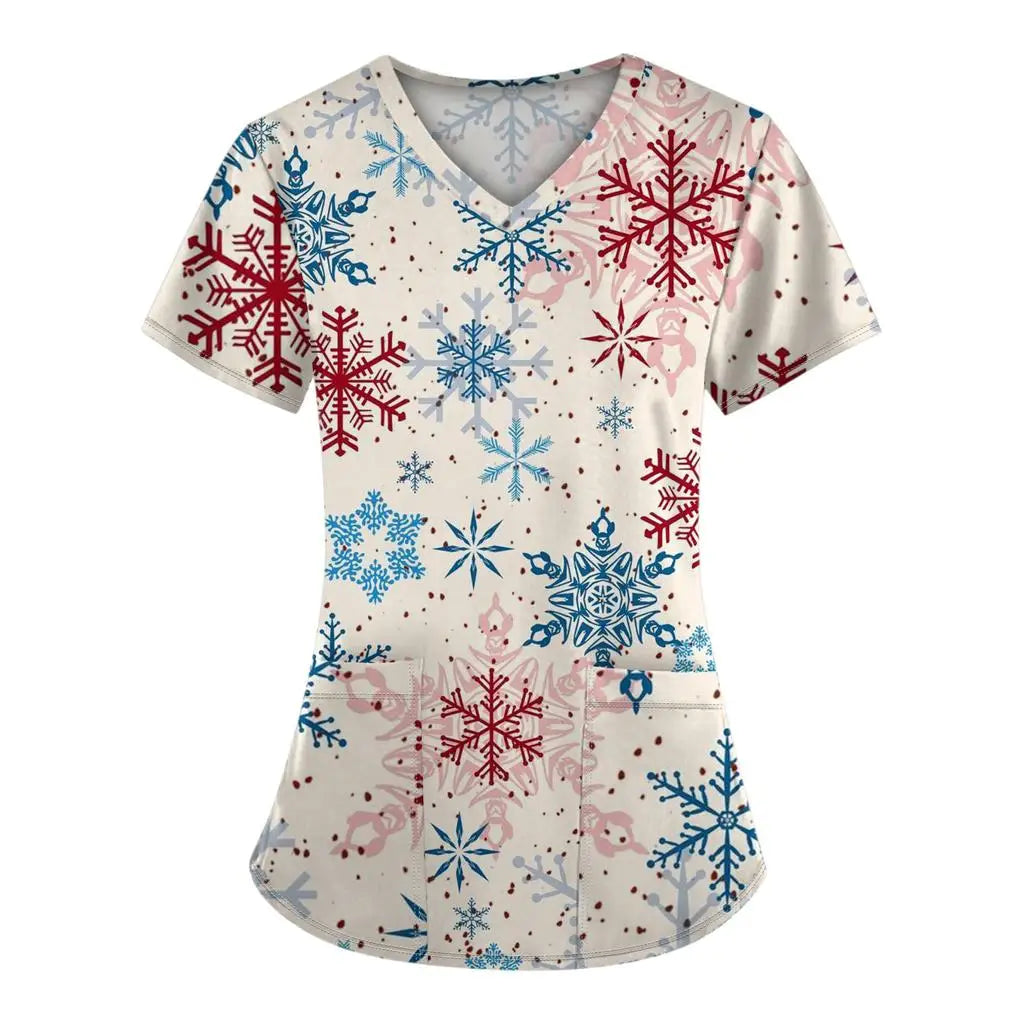 Women's work uniforms Christmas anime print cartoon V-neck tops ladies shirts nurse work clothes medical uniforms