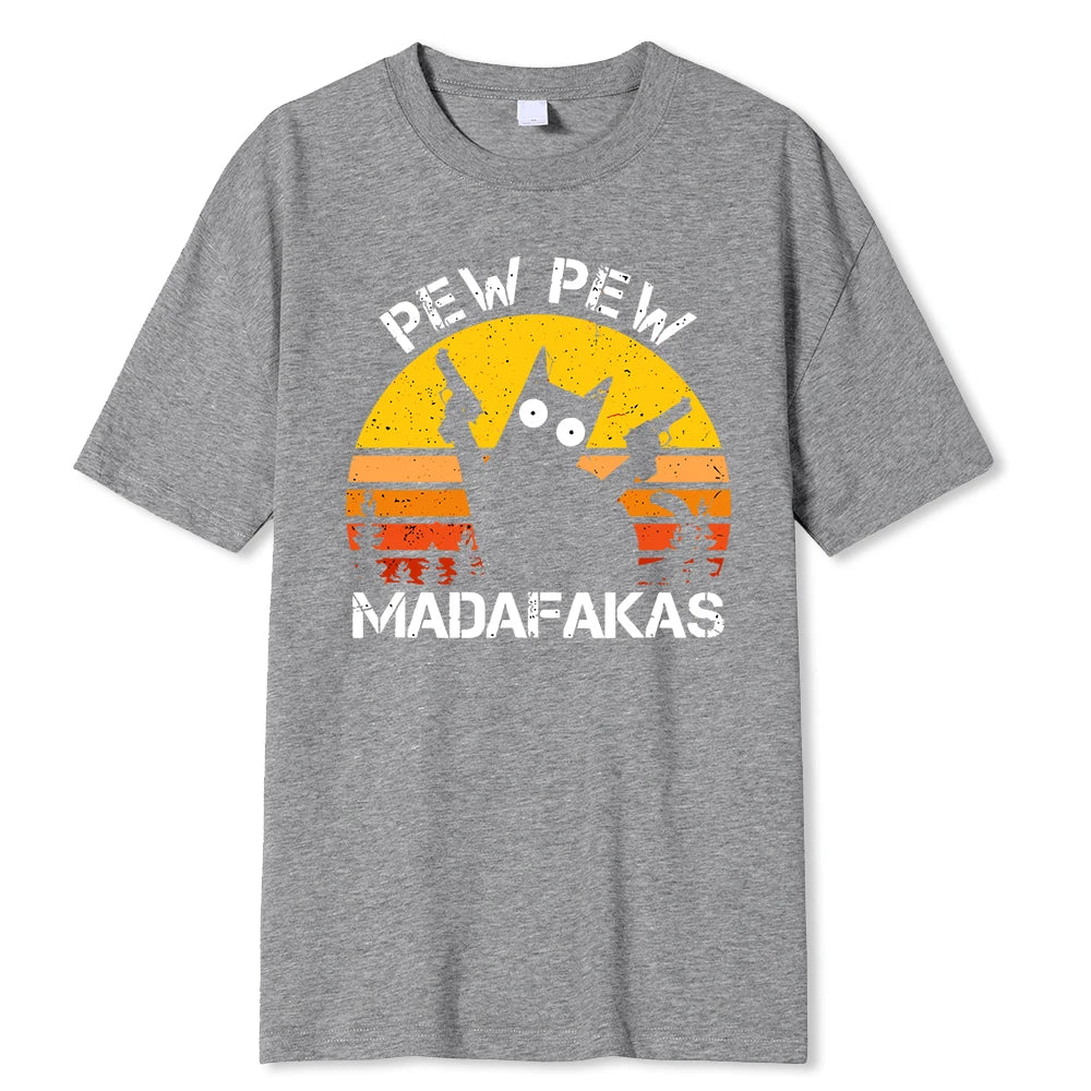 Pew Pew Madafakas Cat With Two Guns Printing Men T Shirts Summer Cotton T-Shirts Breathable Loose Clothes Hip Hop Street Tees