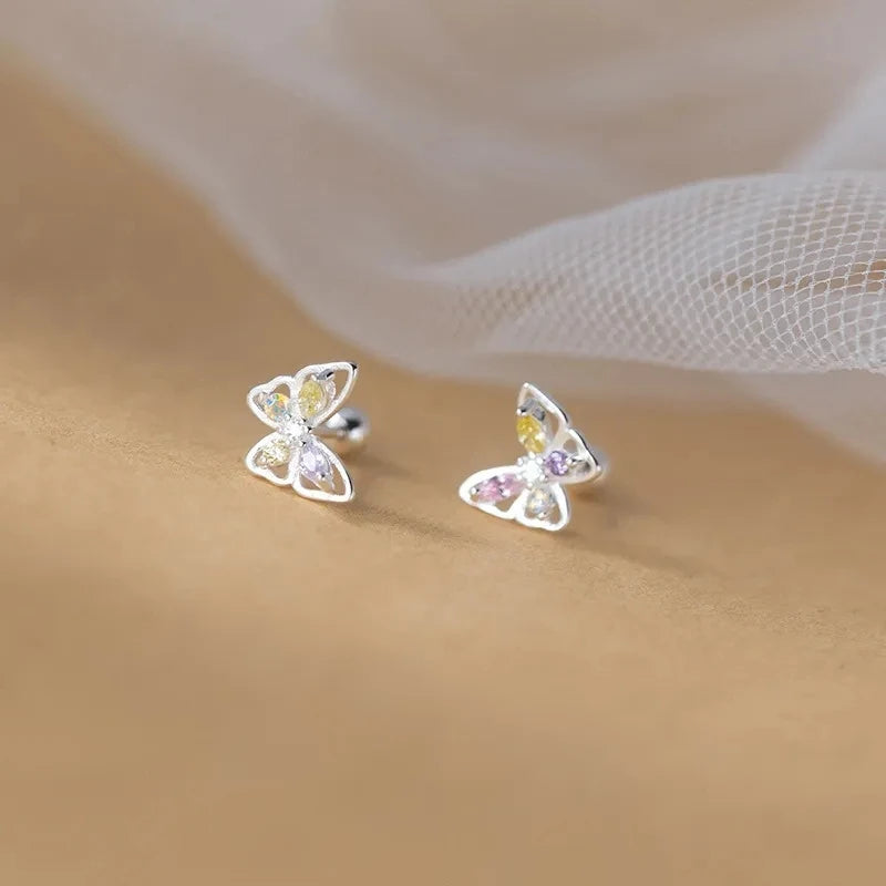 Korean 925 Silver Needle Tragus Piercing Helix Studs Earrings for Women 2Pcs Butterfly Heart Trendy Ear Piercing Body Jewelry