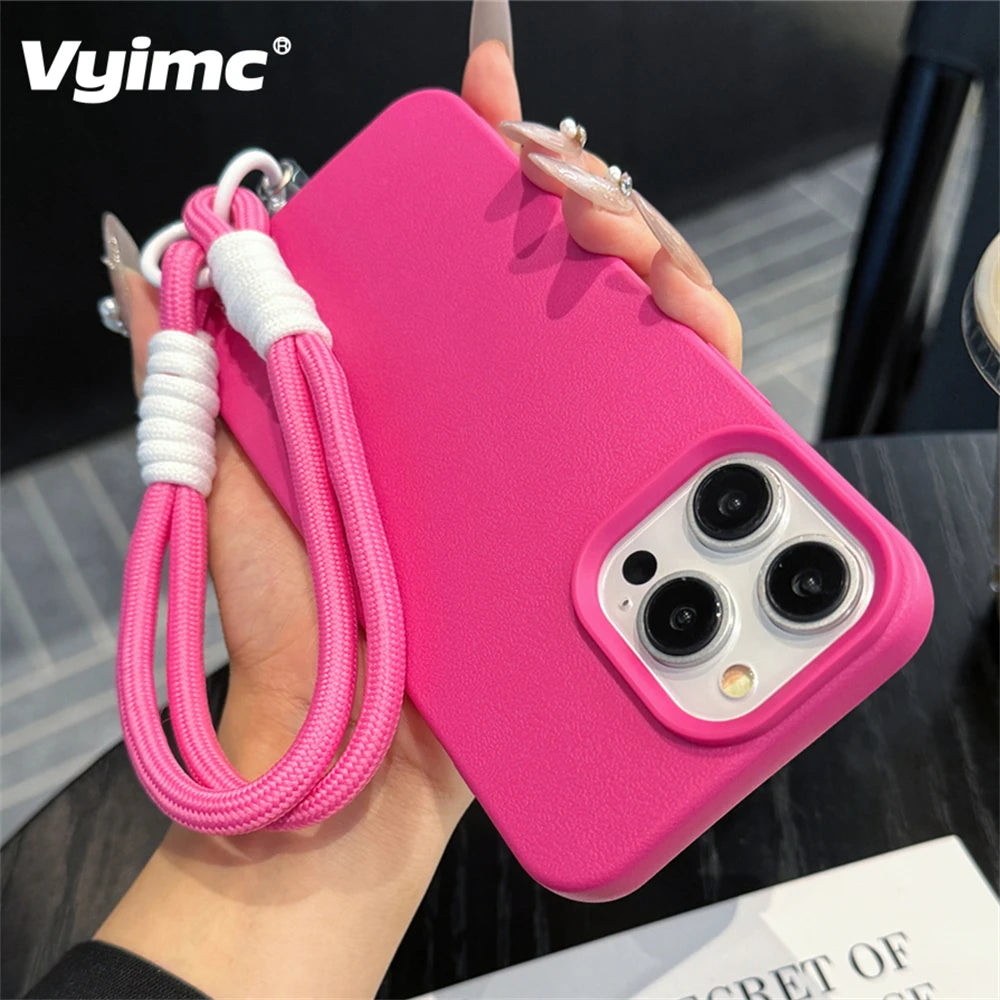 Fashion Cute Candy Leather Texture With Wrist Strap Case For iPhone 15 14 11 12 13 16 Pro Max Plus X XR XsMax Solid Color Cover