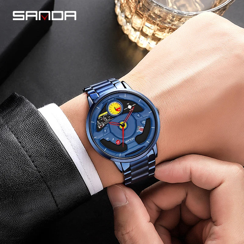 Fashion Sanda Top Brand Innovative Skeleton Men Sports Car Steering Wheel Waterproof Stainless Steel And Leather Quartz Watches