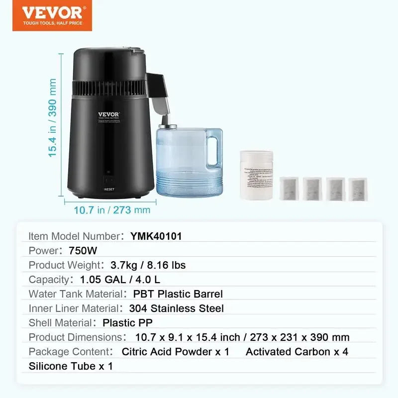 VEVOR 1.1 Gal Water Distiller, 0.3Gal/H, 750W Distilled Water Machine , w/Plastic Container, Water Distillation Kit