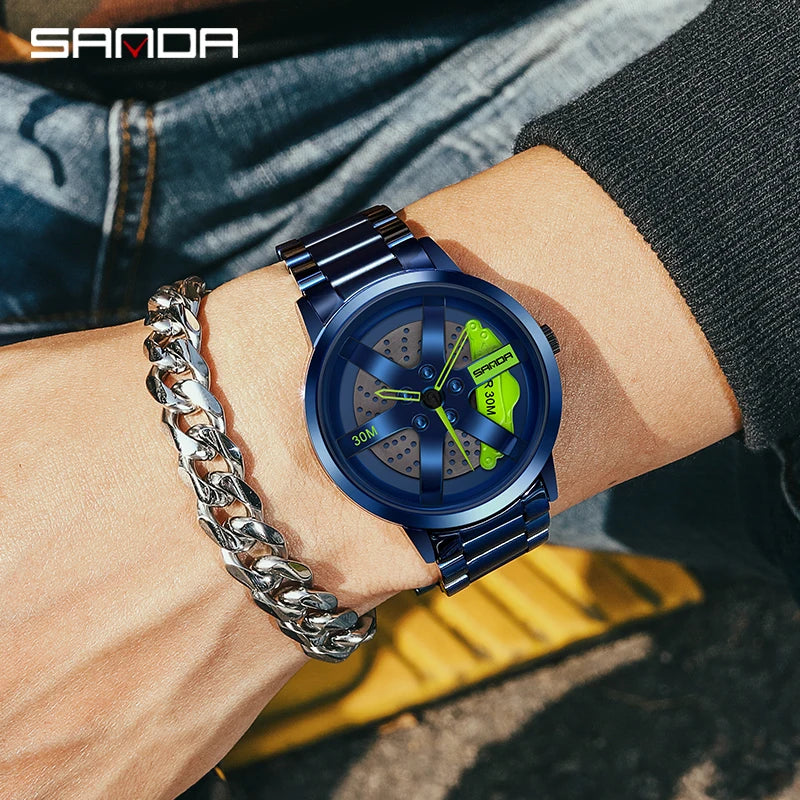 SANDA Fashion Rim Watch Hub Custom Design Sports Car Rim Sports Watch Waterproof Creative 2021 Male Watch Mens Wheel Wristwatch