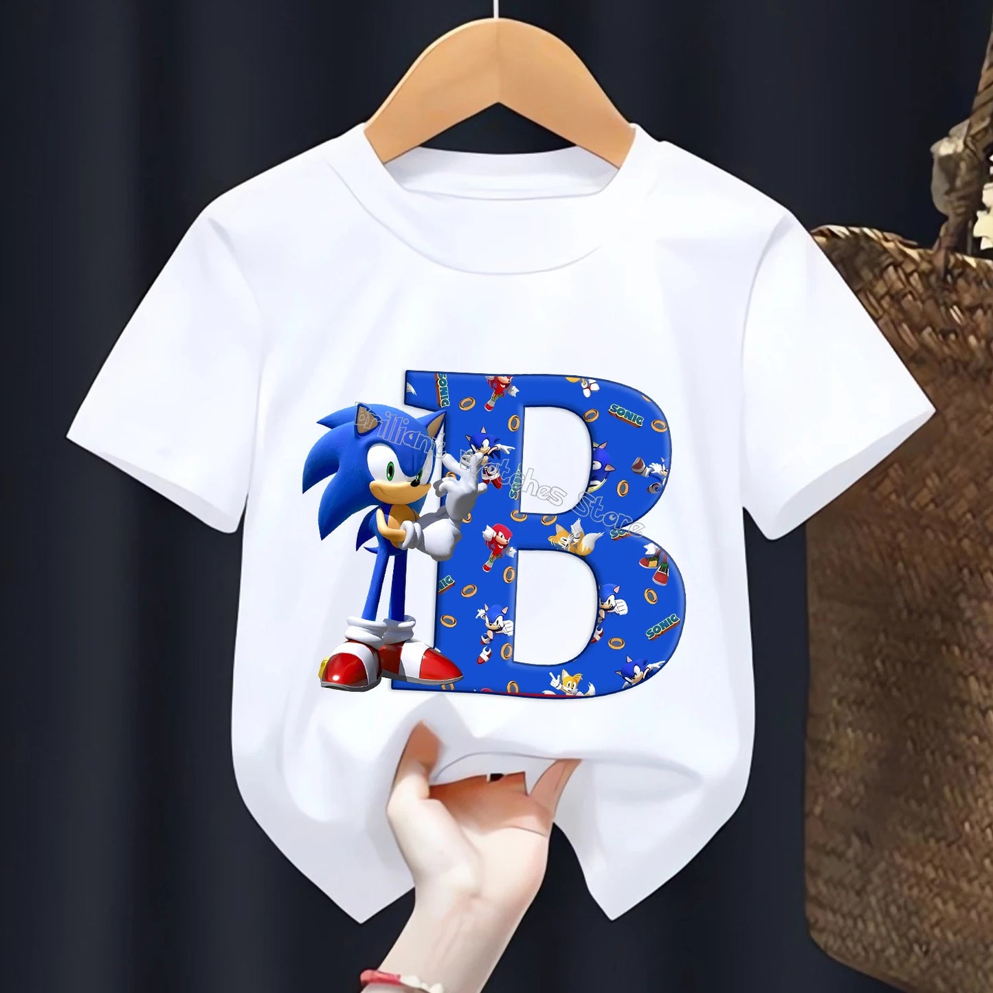 Sonic T-shirt for Children Letters A-Z Tee Top Cartoon Boys Clothes Fashion White Short Sleeve Kids Anime Loose Clothing Gift