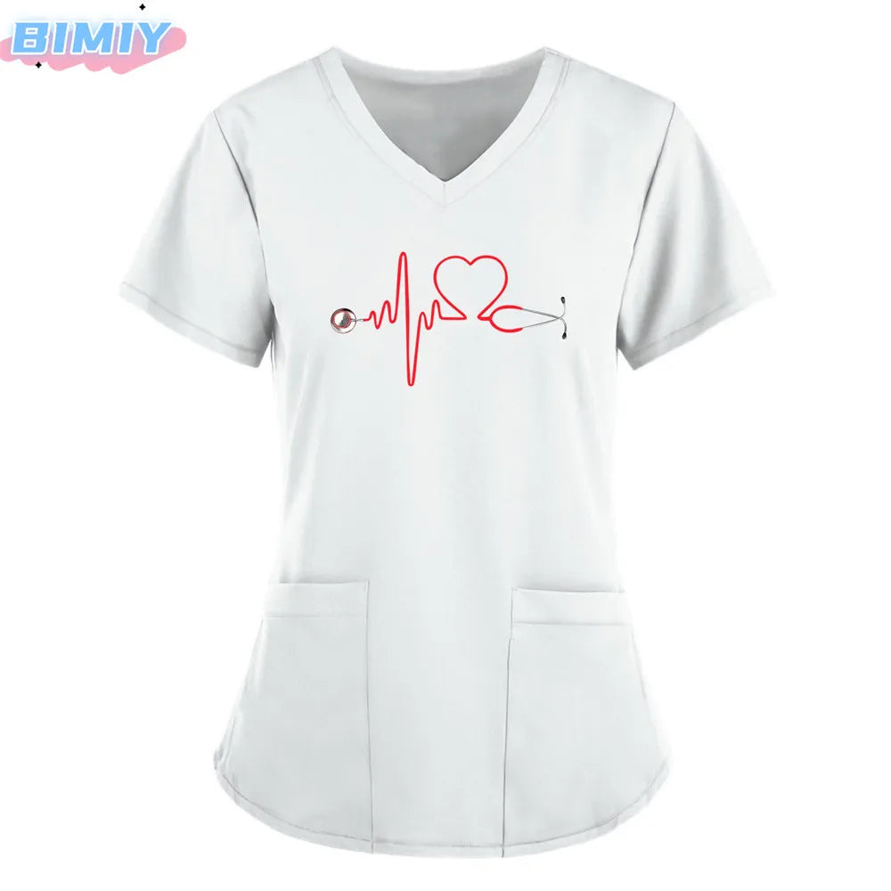 Letter Love Heart Nurse Uniform Print Tops V-Neck Pocket Medical Uniforms Nursing Scrubs Tops Working Clothes uniforme enfermera