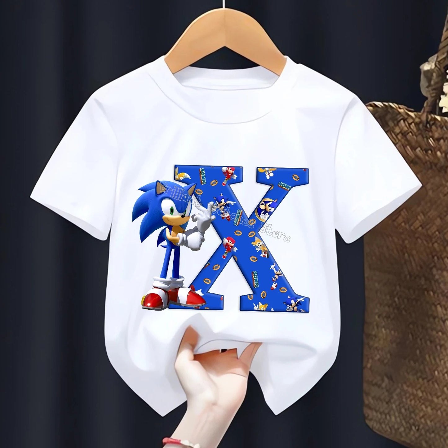 Sonic T-shirt for Children Letters A-Z Tee Top Cartoon Boys Clothes Fashion White Short Sleeve Kids Anime Loose Clothing Gift