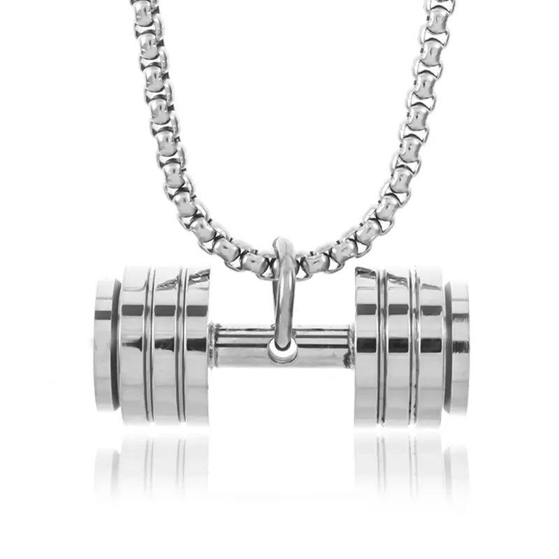 Fashionable dumbbell necklace designed for muscle men, perfect for sports and fitness. It's a great couple's gift and fits well with hip hop gym trends. Ideal jewelry for fitness lovers!