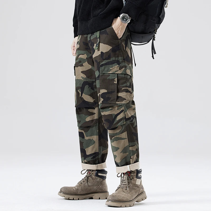 New Japanese Vintage Men's Casual Pants Camouflage Cargo Pants Male Straight Fashion Crimping Male Clothes Baggy Trousers