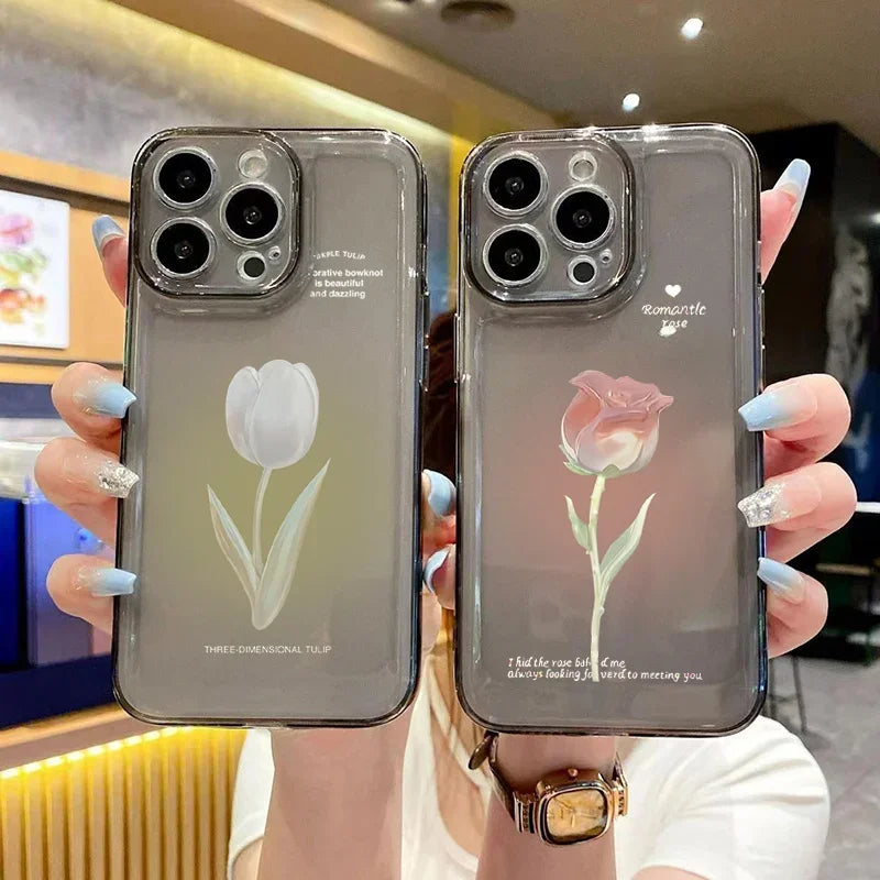 Tulip Phone Case For iPhone 13 11 12 14 15 16 Pro Max XR X XS Max 7 8 15 Plus Shockproof Transparent Cover Silicone Soft Fundas