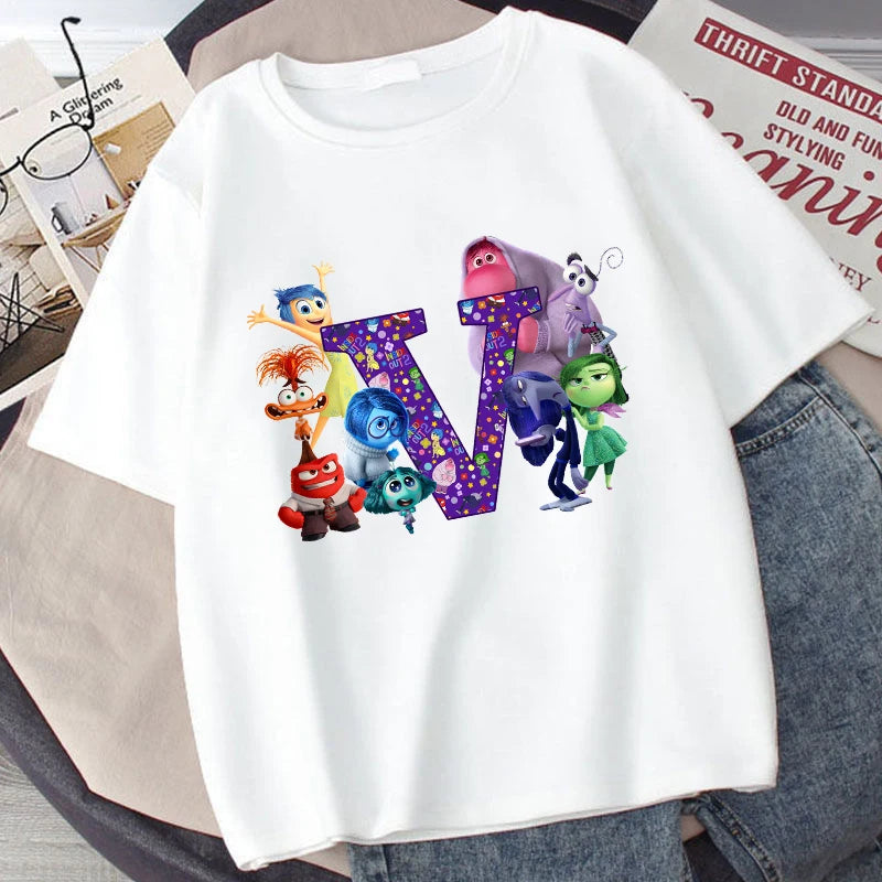 Disney Inside Out 2 Kids Cotton T-Shirt Anime Cartoon 26 Letter Printed Top Summer Loose Comfort Pullover Casual Clothes Gifts