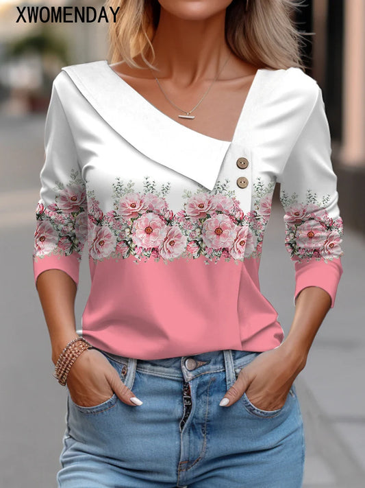 T Shirt For Women Fashion Long Sleeve Top White Floral Print Shirts And Blouses Autumn Winter Clothes For Women