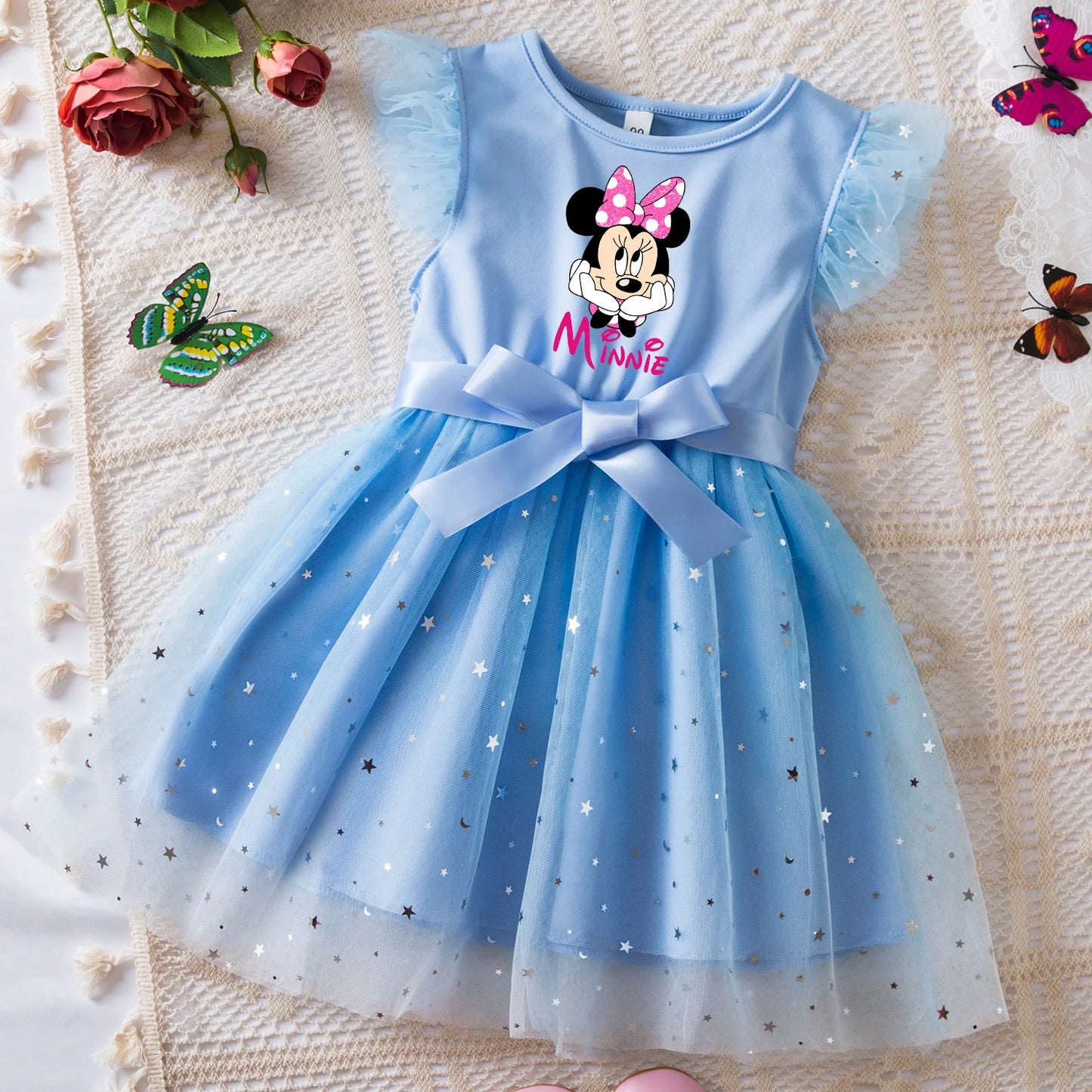 Mickey Minnie Mouse Girls Summer Clothes Flying Sleeves Bow Sequin Dress 2-6Y Kid Birthday Tutu Princess Dress for Baby Girl