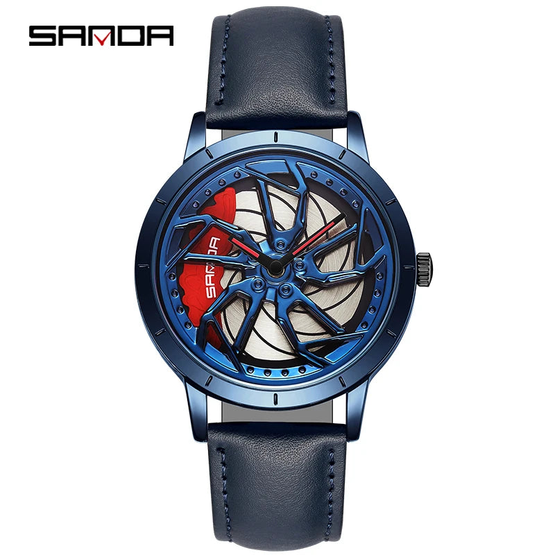 SANDA 1086 360 Degrees Rotating Wheel Dial Men's Quartz Watches Men Fashion Business Racing Car Rim Wristwatch Relogio Masculino