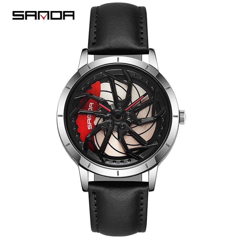 SANDA 1086 360 Degrees Rotating Wheel Dial Men's Quartz Watches Men Fashion Business Racing Car Rim Wristwatch Relogio Masculino