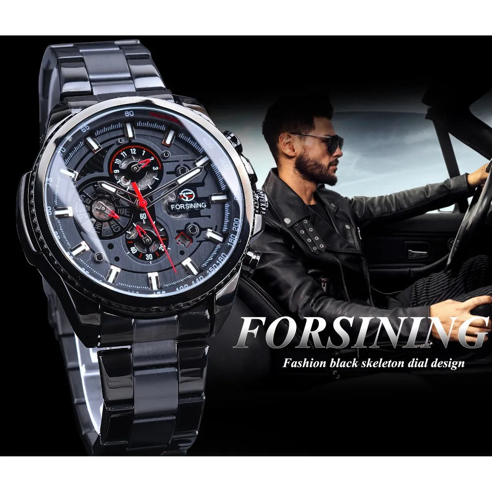 Forsining Top Men's Watches Military Stainless Steel Waterproof Date Week Display Brand Automatic Mechanical Watch for Men