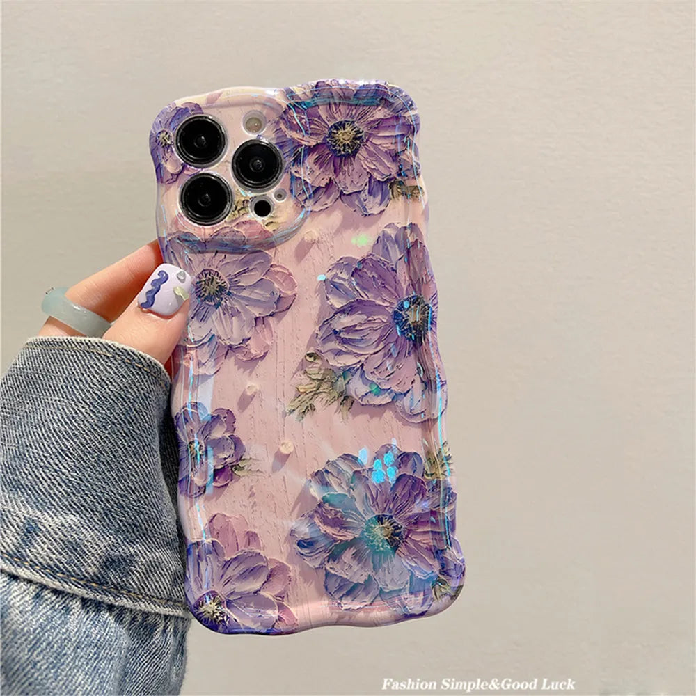 Ottwn Luxury Laser Oil Painting Flowers Phone Cases For iPhone 11 12 13 14 15 16 Pro Max Shockproof Soft Bumper Back Cover Shell