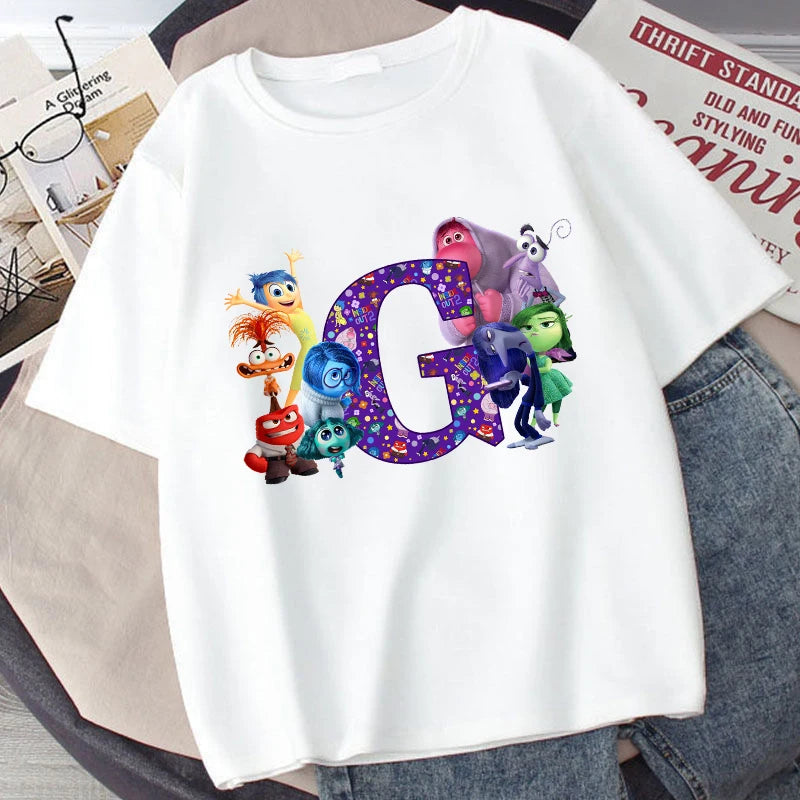 Disney Inside Out 2 Kids Cotton T-Shirt Anime Cartoon 26 Letter Printed Top Summer Loose Comfort Pullover Casual Clothes Gifts