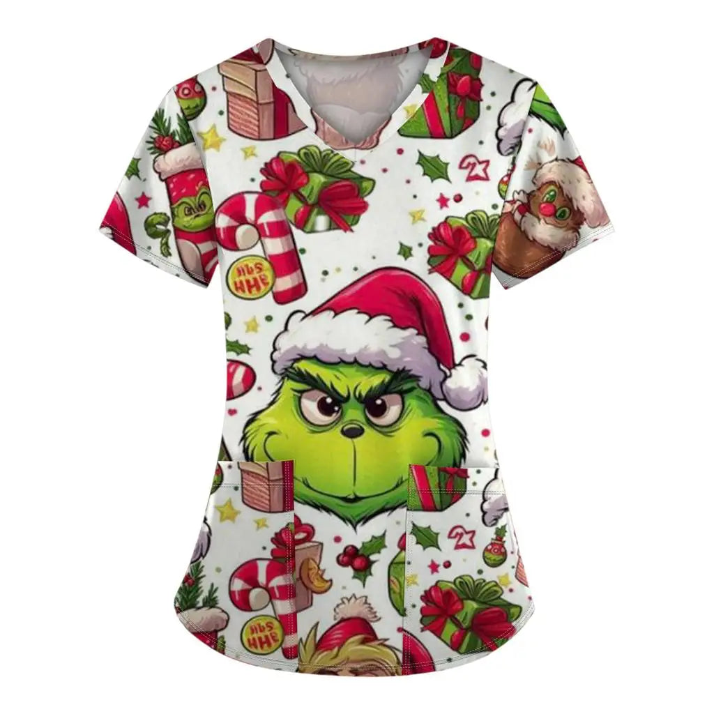 Women's work uniforms Christmas anime print cartoon V-neck tops ladies shirts nurse work clothes medical uniforms