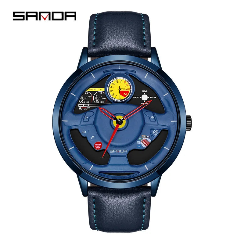 Fashion Sanda Top Brand Innovative Skeleton Men Sports Car Steering Wheel Waterproof Stainless Steel And Leather Quartz Watches