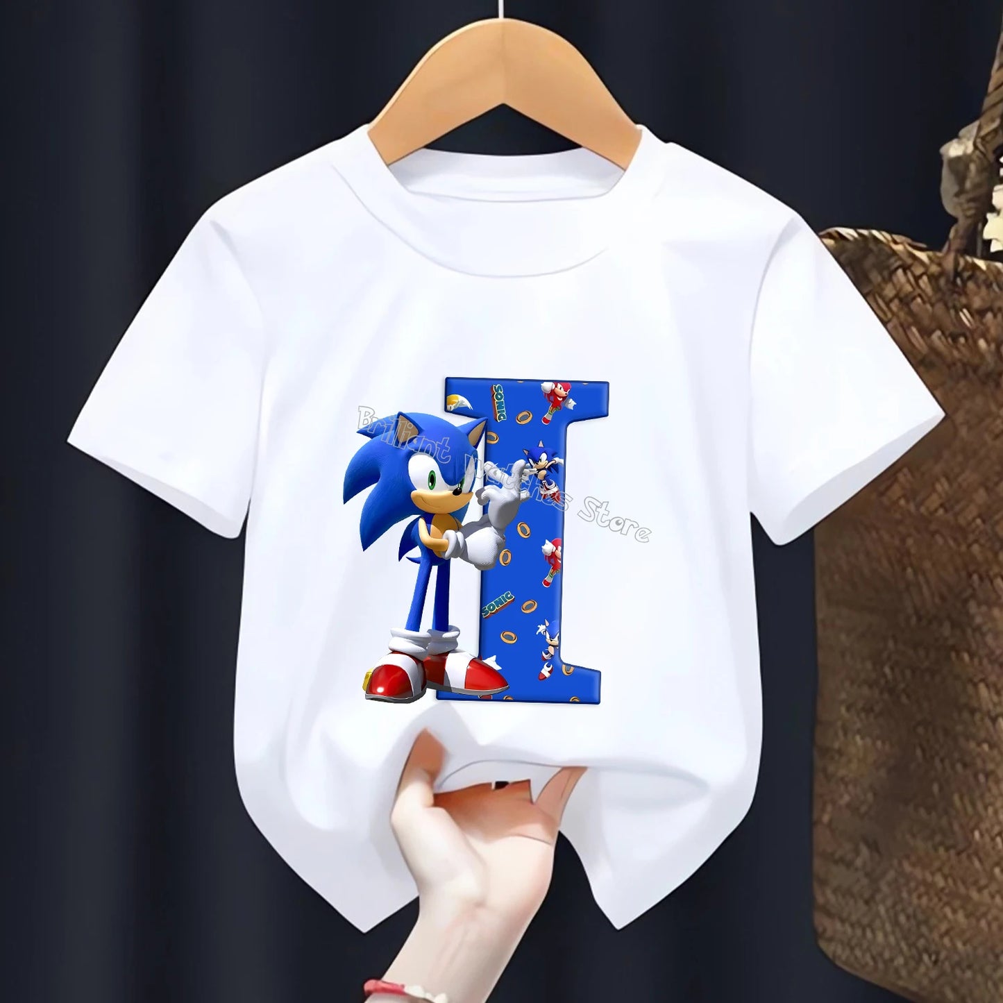 Sonic T-shirt for Children Letters A-Z Tee Top Cartoon Boys Clothes Fashion White Short Sleeve Kids Anime Loose Clothing Gift