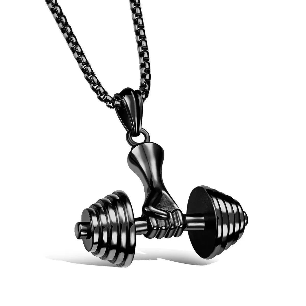 Fashionable dumbbell necklace designed for muscle men, perfect for sports and fitness. It's a great couple's gift and fits well with hip hop gym trends. Ideal jewelry for fitness lovers!