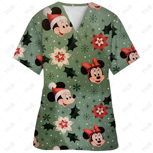 Christmas Minnie Mouse T-shirts V Neck Woman Clothes Hospital Tops Disney Top Women 2023 Nurse Uniform T-shirt Pocket Summer Tee