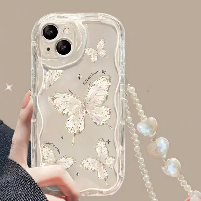 Phone Case For iPhone 16 15 Pro Max 14 11 13 12 Mini XR 8 7 Plus X XS SE 2020 2022  Back Cover Flower Bracelet Wrist Chain Strap