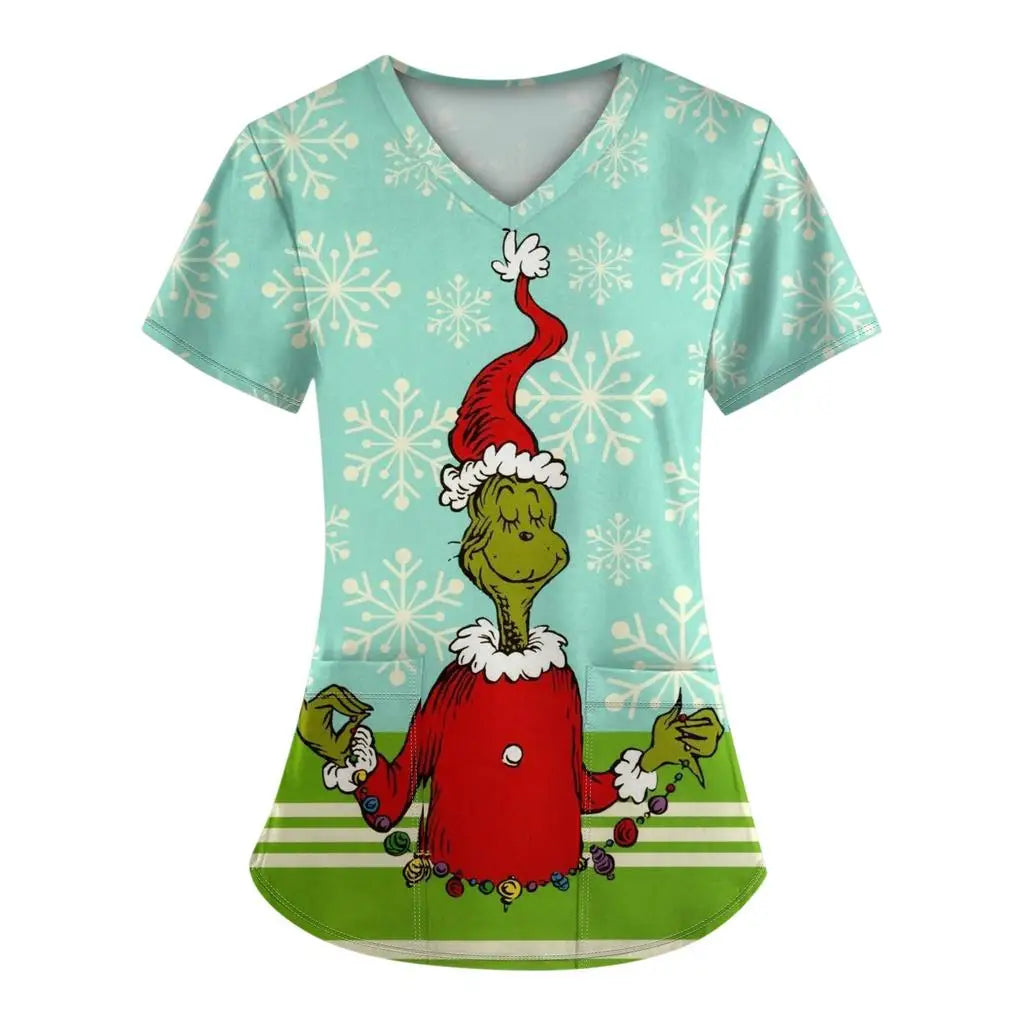 Women's work uniforms Christmas anime print cartoon V-neck tops ladies shirts nurse work clothes medical uniforms