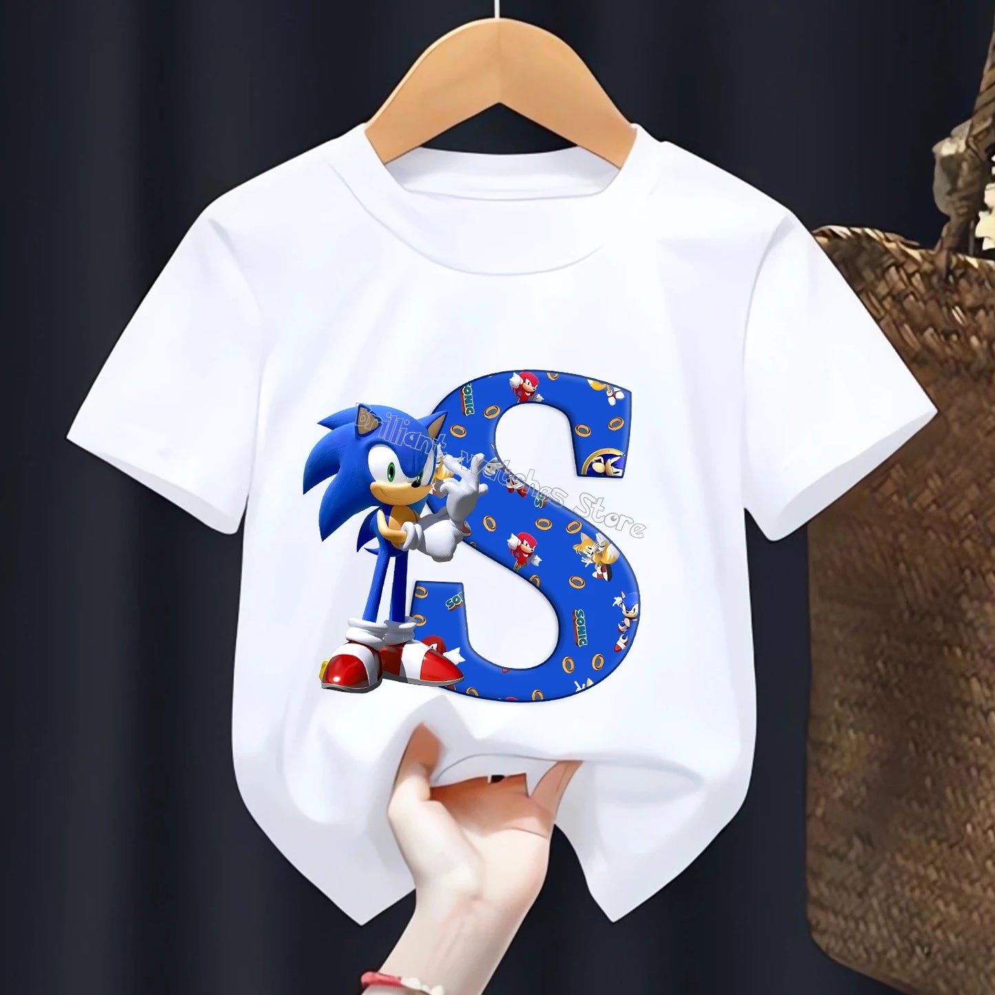 Sonic T-shirt for Children Letters A-Z Tee Top Cartoon Boys Clothes Fashion White Short Sleeve Kids Anime Loose Clothing Gift