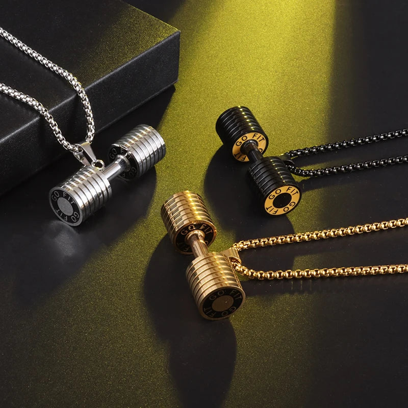 Fashionable dumbbell necklace designed for muscle men, perfect for sports and fitness. It's a great couple's gift and fits well with hip hop gym trends. Ideal jewelry for fitness lovers!