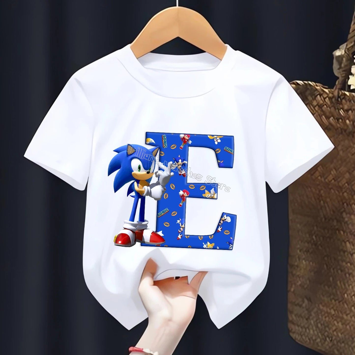 Sonic T-shirt for Children Letters A-Z Tee Top Cartoon Boys Clothes Fashion White Short Sleeve Kids Anime Loose Clothing Gift