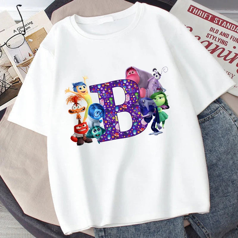 Disney Inside Out 2 Kids Cotton T-Shirt Anime Cartoon 26 Letter Printed Top Summer Loose Comfort Pullover Casual Clothes Gifts