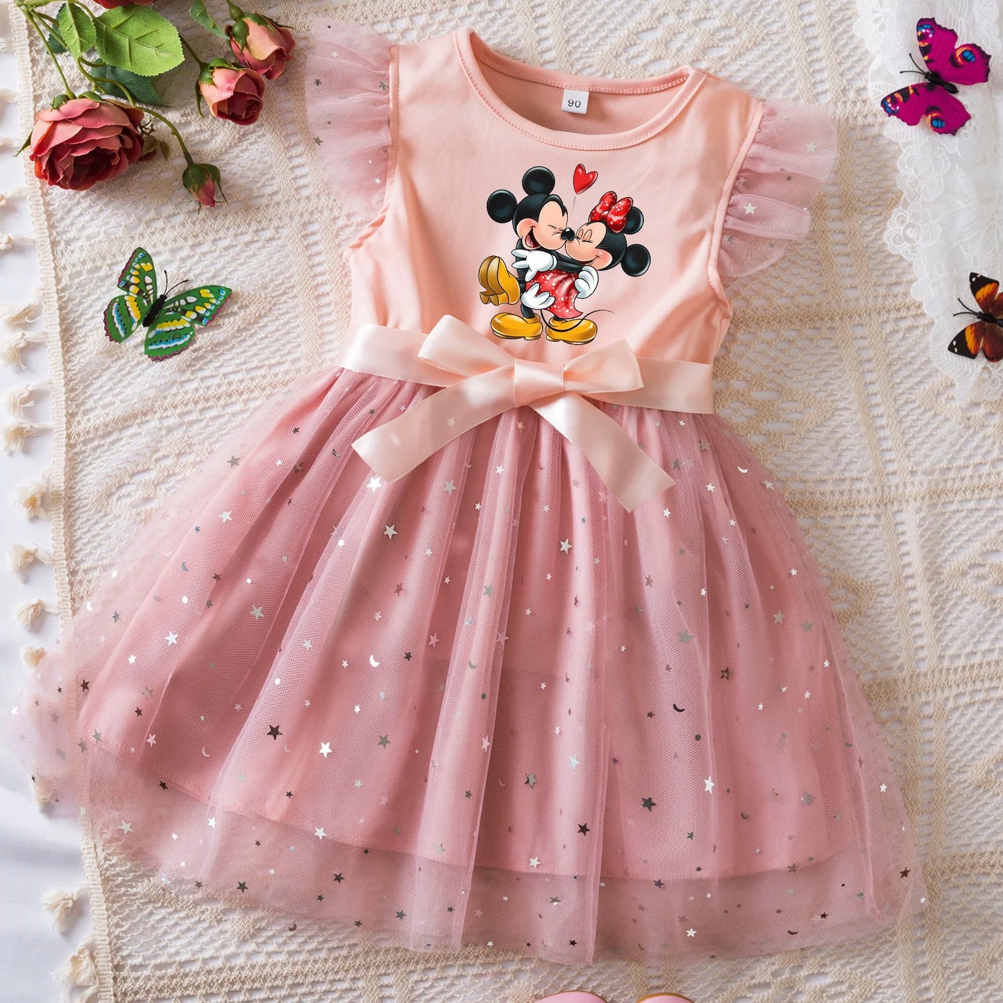 Mickey Minnie Mouse Girls Summer Clothes Flying Sleeves Bow Sequin Dress 2-6Y Kid Birthday Tutu Princess Dress for Baby Girl