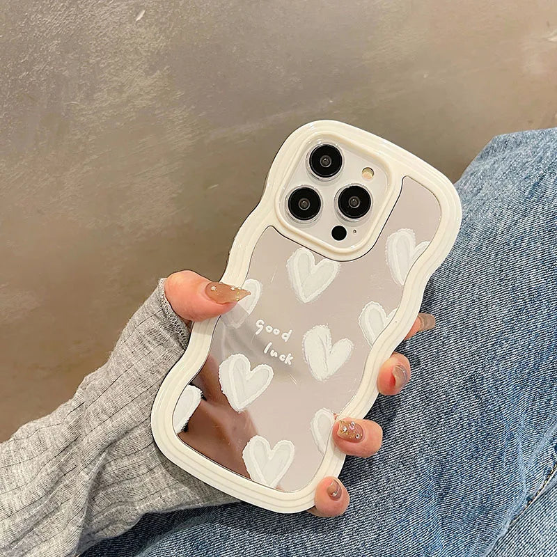 Korean Lovely White Heart Makeup Mirror Case For iPhone 14 15 16 Pro Max 13 11 12 14 Plus XS X XR Shockproof Soft Cover