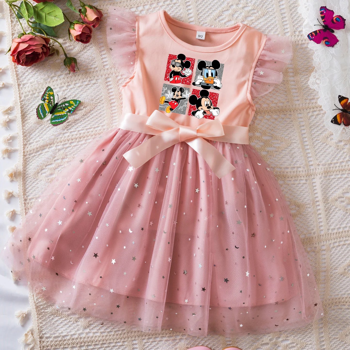 Mickey Minnie Mouse Girls Summer Clothes Flying Sleeves Bow Sequin Dress 2-6Y Kid Birthday Tutu Princess Dress for Baby Girl