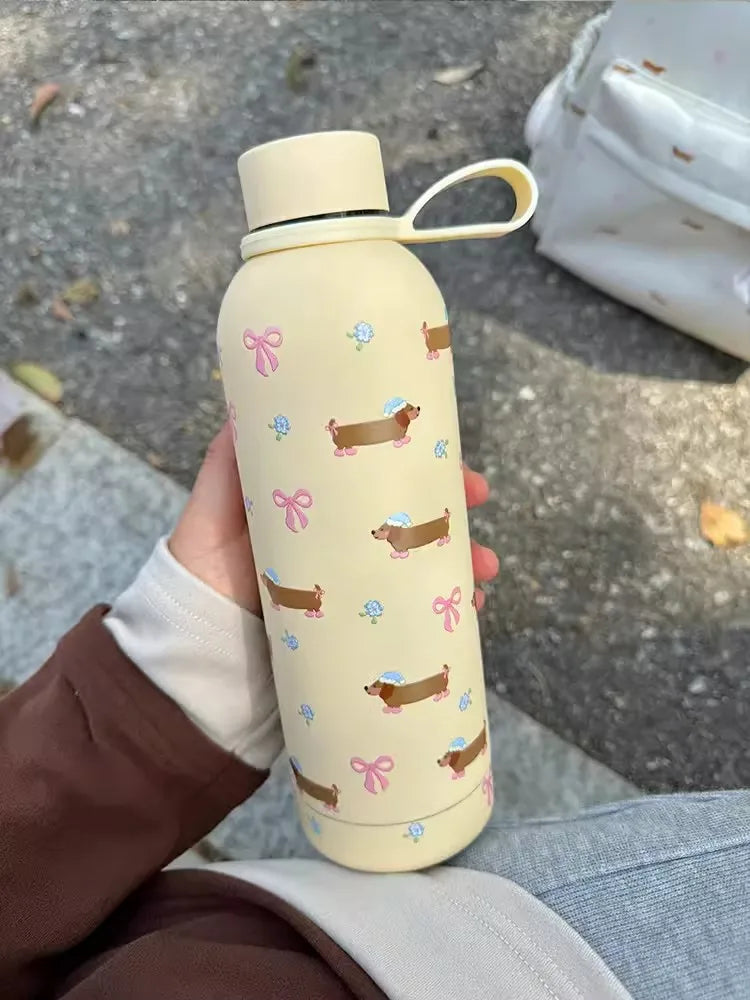 Kawaii Puppy Coffee Tumbler Stainless Steel Thermos Bottle Cup Cute Korean Travel Insulated Flask Thermal Water Bottle 500ml