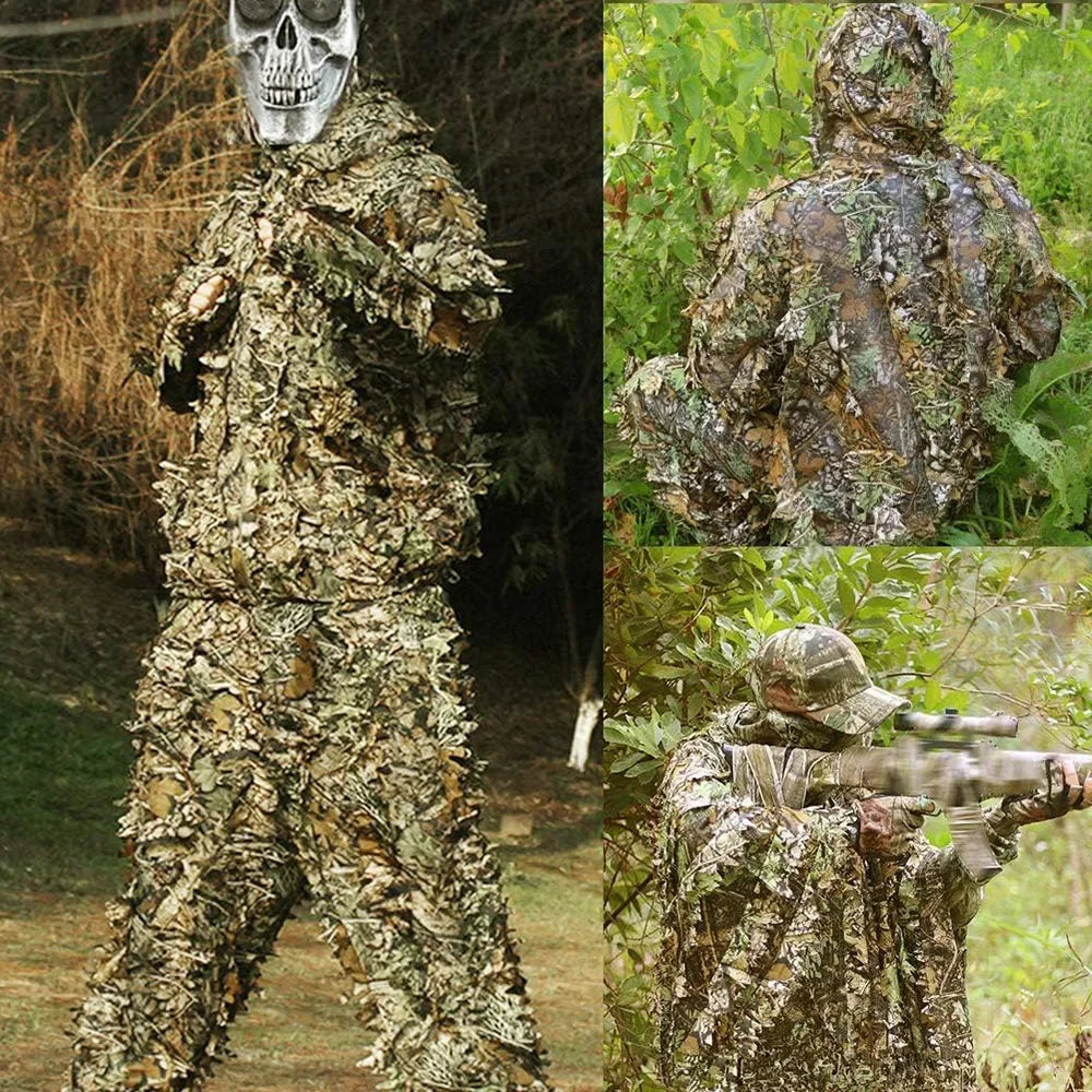 Ghillie Suit Men Women Kids 3D Leafy Bionic Camouflage Hunting Clothing CS Shooting Suit Tactical Combat Clothes Set