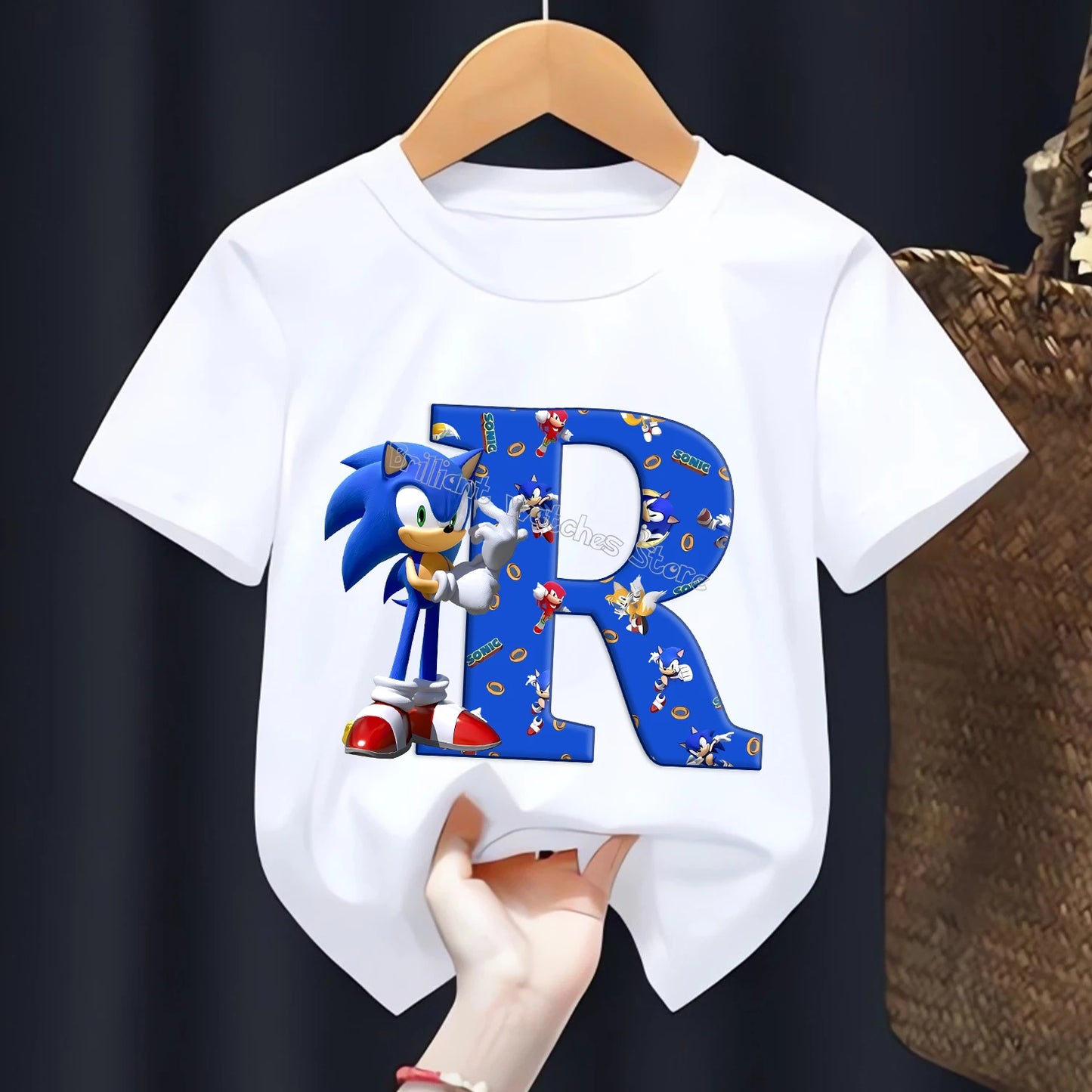 Sonic T-shirt for Children Letters A-Z Tee Top Cartoon Boys Clothes Fashion White Short Sleeve Kids Anime Loose Clothing Gift