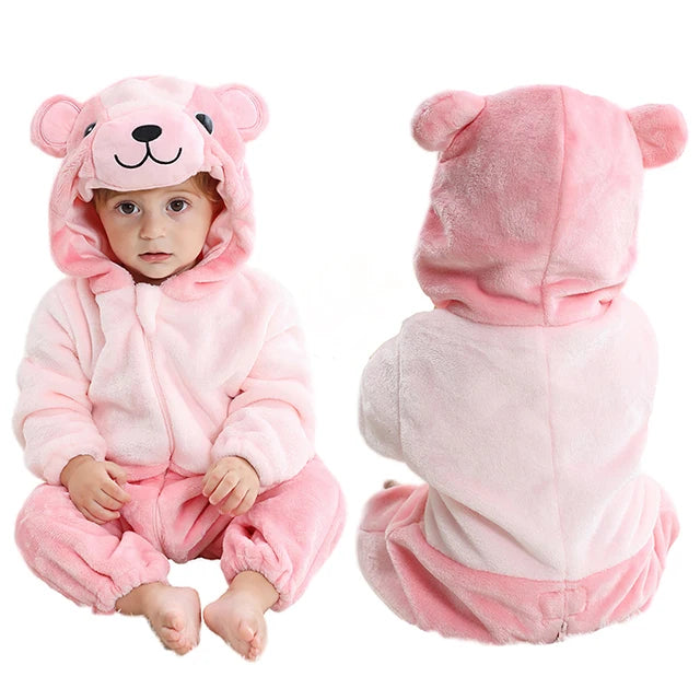 MICHLEY Halloween Baby Rompers Winter Clothes Flannel Hooded Bodysuits Pajamas Animals Overall Jumpsuit For Girls Boys Kids