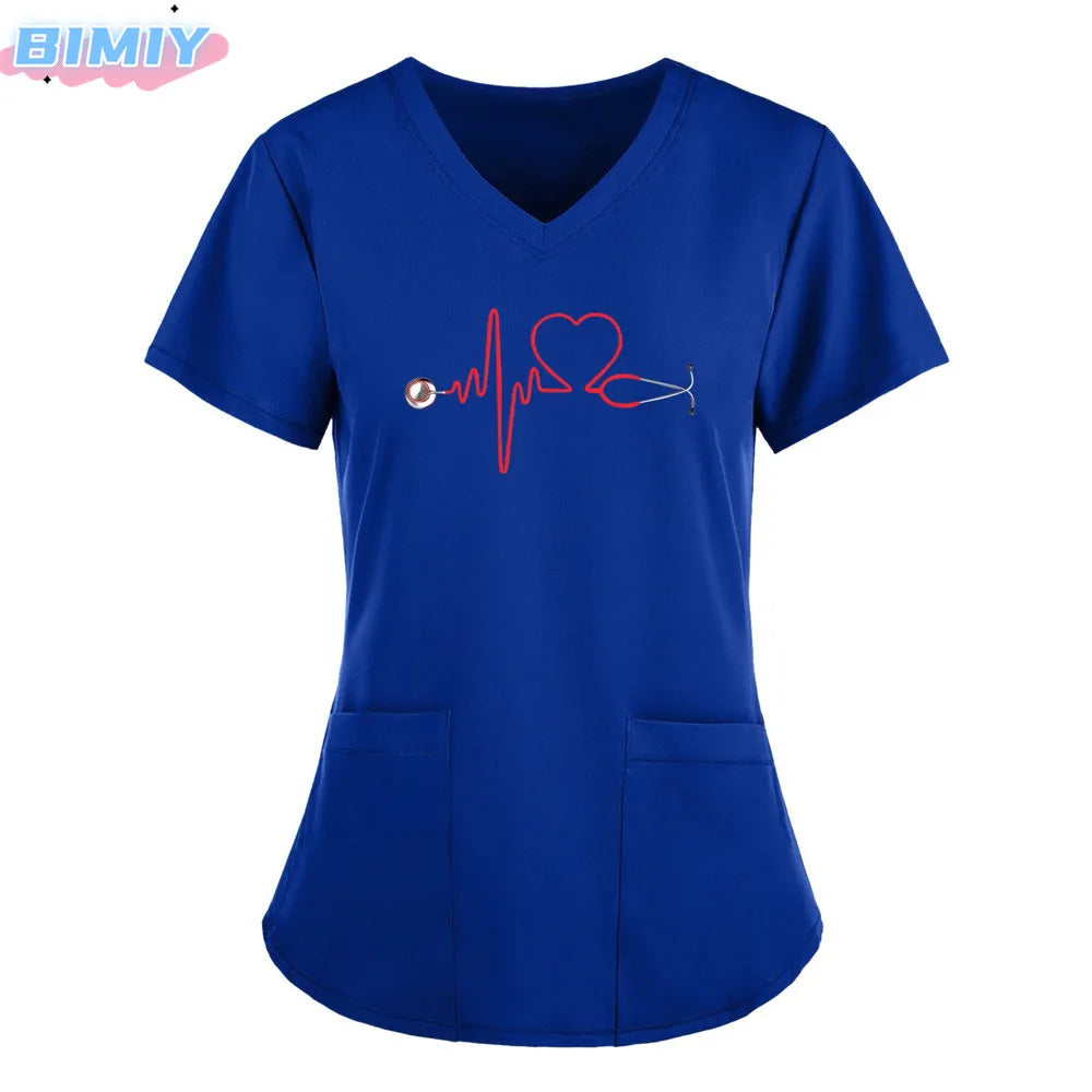 Letter Love Heart Nurse Uniform Print Tops V-Neck Pocket Medical Uniforms Nursing Scrubs Tops Working Clothes uniforme enfermera