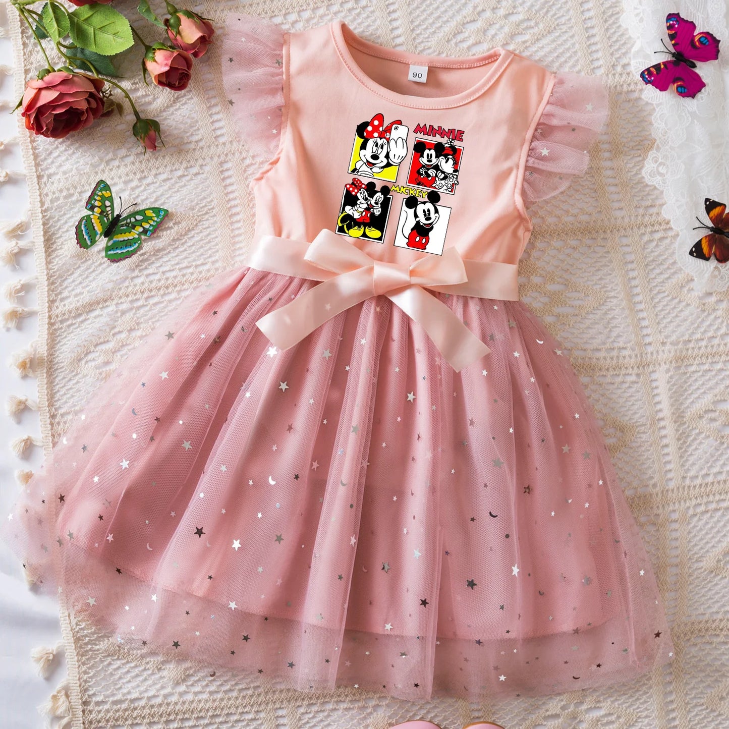 Mickey Minnie Mouse Girls Summer Clothes Flying Sleeves Bow Sequin Dress 2-6Y Kid Birthday Tutu Princess Dress for Baby Girl