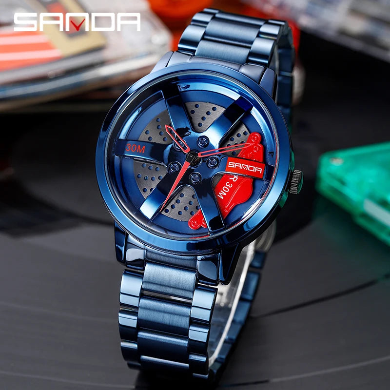 SANDA Fashion Rim Watch Hub Custom Design Sports Car Rim Sports Watch Waterproof Creative 2021 Male Watch Mens Wheel Wristwatch