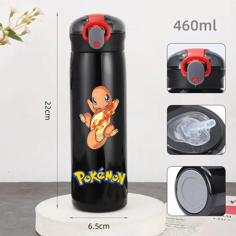 Pokemon 460ML Pikachu Portable Kids Thermos Mug with Straw Stainless Steel Cartoon Vacuum Flasks Cute Thermal Water Bottle