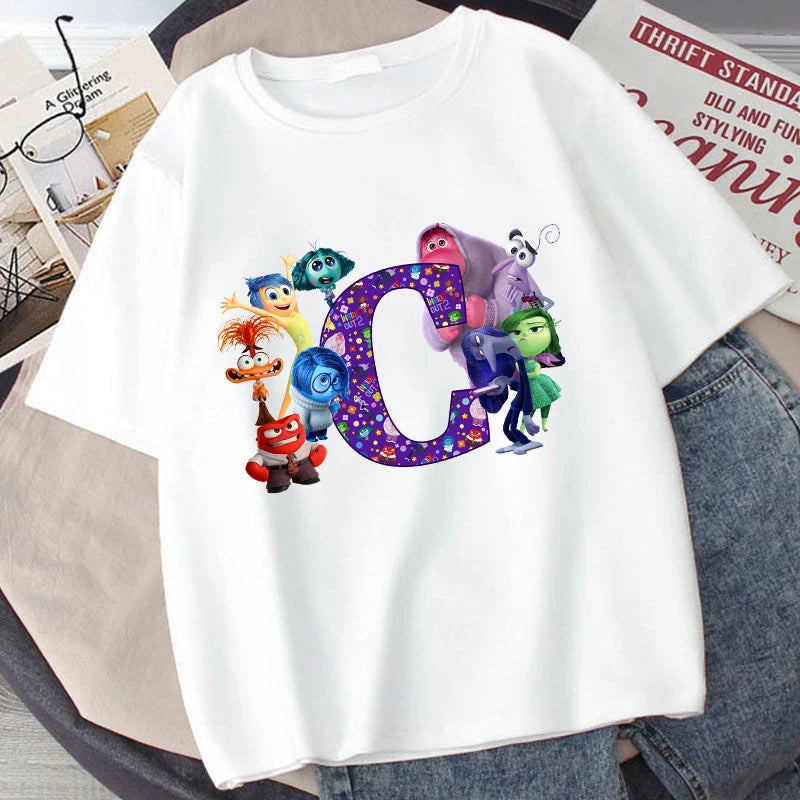 Disney Inside Out 2 Kids Cotton T-Shirt Anime Cartoon 26 Letter Printed Top Summer Loose Comfort Pullover Casual Clothes Gifts