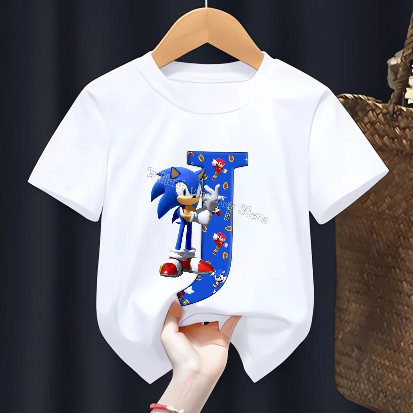 Sonic T-shirt for Children Letters A-Z Tee Top Cartoon Boys Clothes Fashion White Short Sleeve Kids Anime Loose Clothing Gift