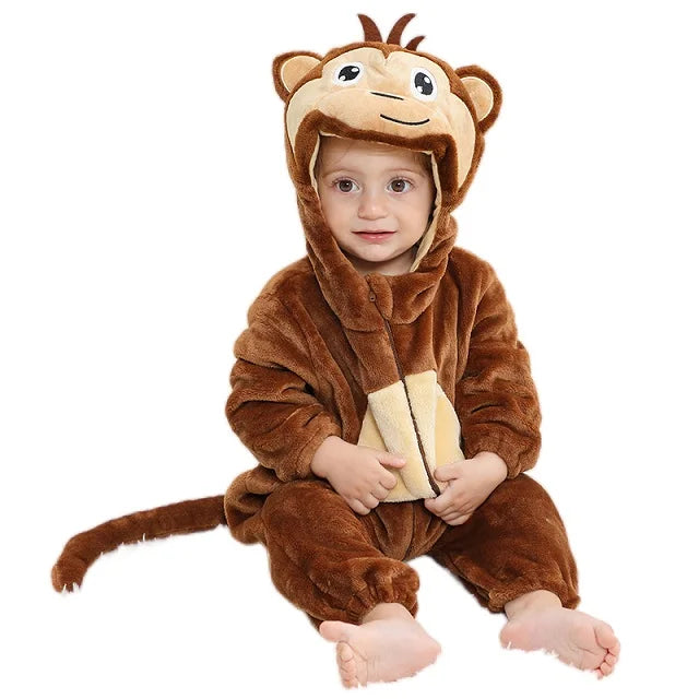 MICHLEY Halloween Baby Rompers Winter Clothes Flannel Hooded Bodysuits Pajamas Animals Overall Jumpsuit For Girls Boys Kids