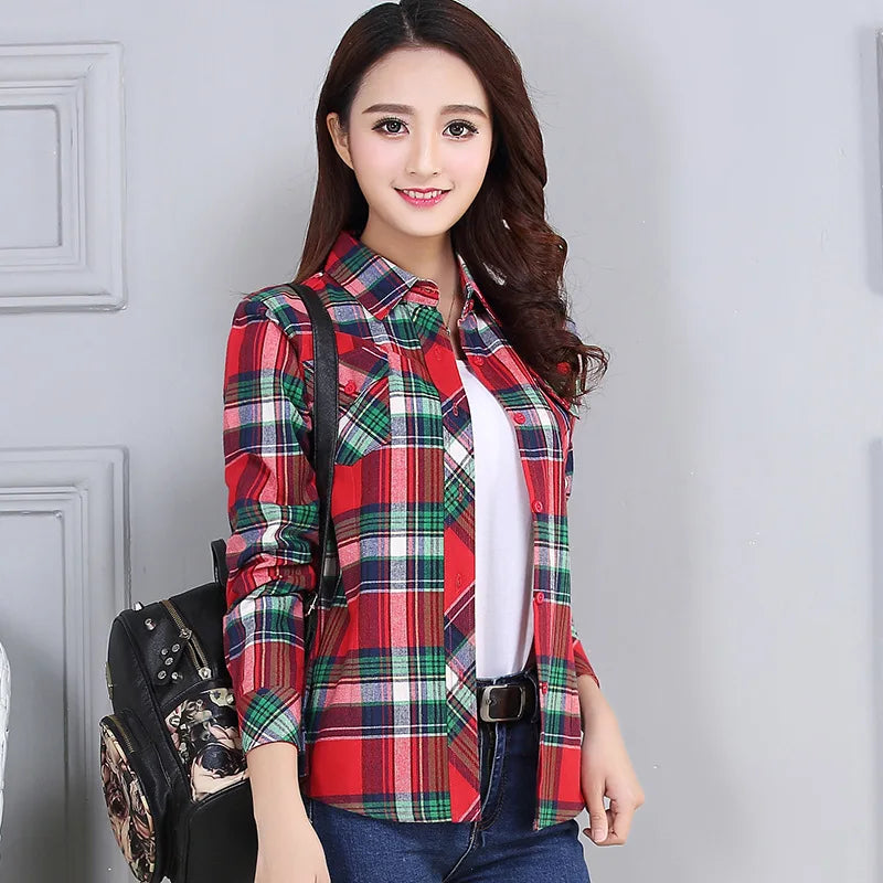 Women's Plaid Shirts 2023 Autumn New Ladies Casual Long Sleeve Pocket Cotton Shirt Fine Elegant Lady Checked Tops Clothes