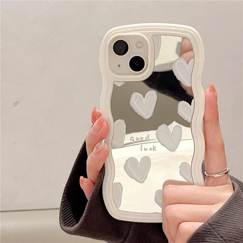 Korean Lovely White Heart Makeup Mirror Case For iPhone 14 15 16 Pro Max 13 11 12 14 Plus XS X XR Shockproof Soft Cover