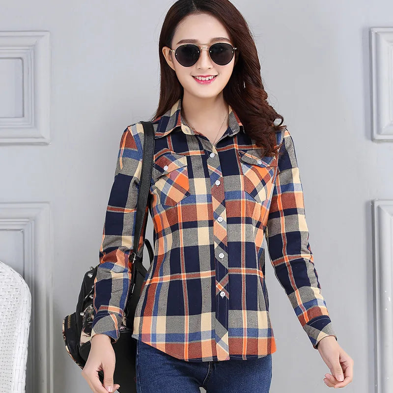 Women's Plaid Shirts 2023 Autumn New Ladies Casual Long Sleeve Pocket Cotton Shirt Fine Elegant Lady Checked Tops Clothes